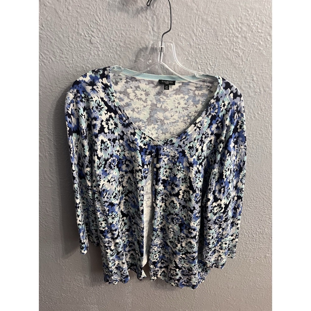Talbots Woman White Blue Button Down Cardigan Size 2X 3/4 Sleeve